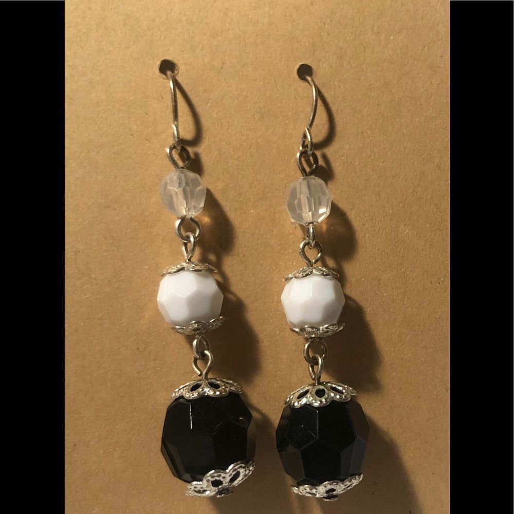 dangling earrings black, white, clear faceted plastic beads